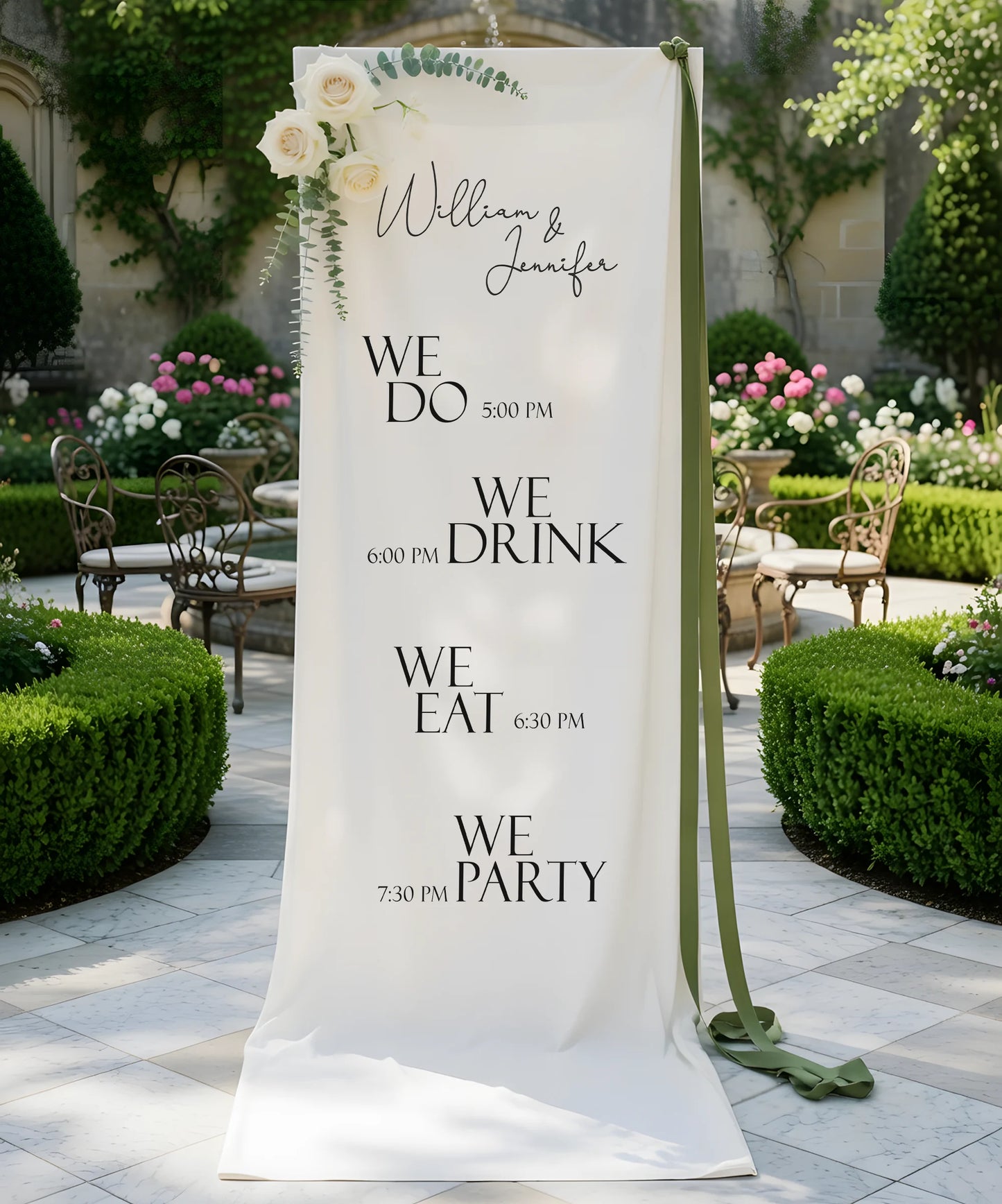 Minimalist Wedding Timeline Banner Personalized Linen Wedding Schedule Banner Custom Name Ceremony Sign