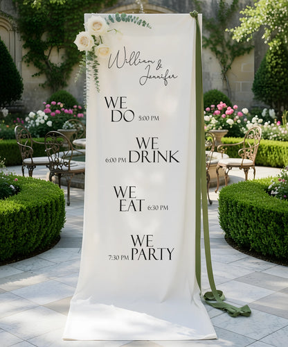 Minimalist Wedding Timeline Banner Personalized Linen Wedding Schedule Banner Custom Name Ceremony Sign