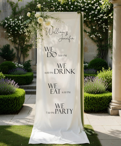 Minimalist Wedding Timeline Banner Personalized Linen Wedding Schedule Banner Custom Name Ceremony Sign
