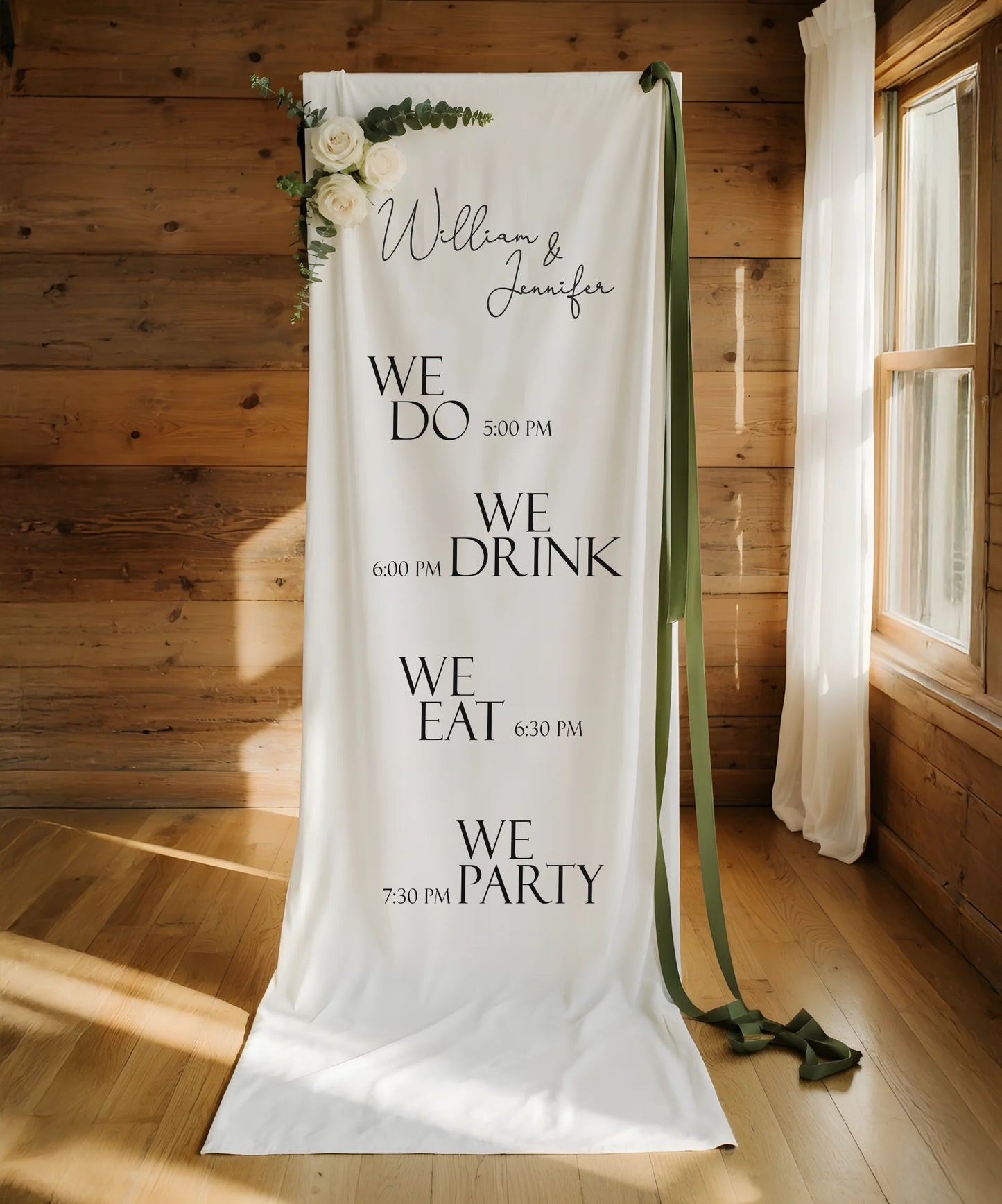 Minimalist Wedding Timeline Banner Personalized Linen Wedding Schedule Banner Custom Name Ceremony Sign