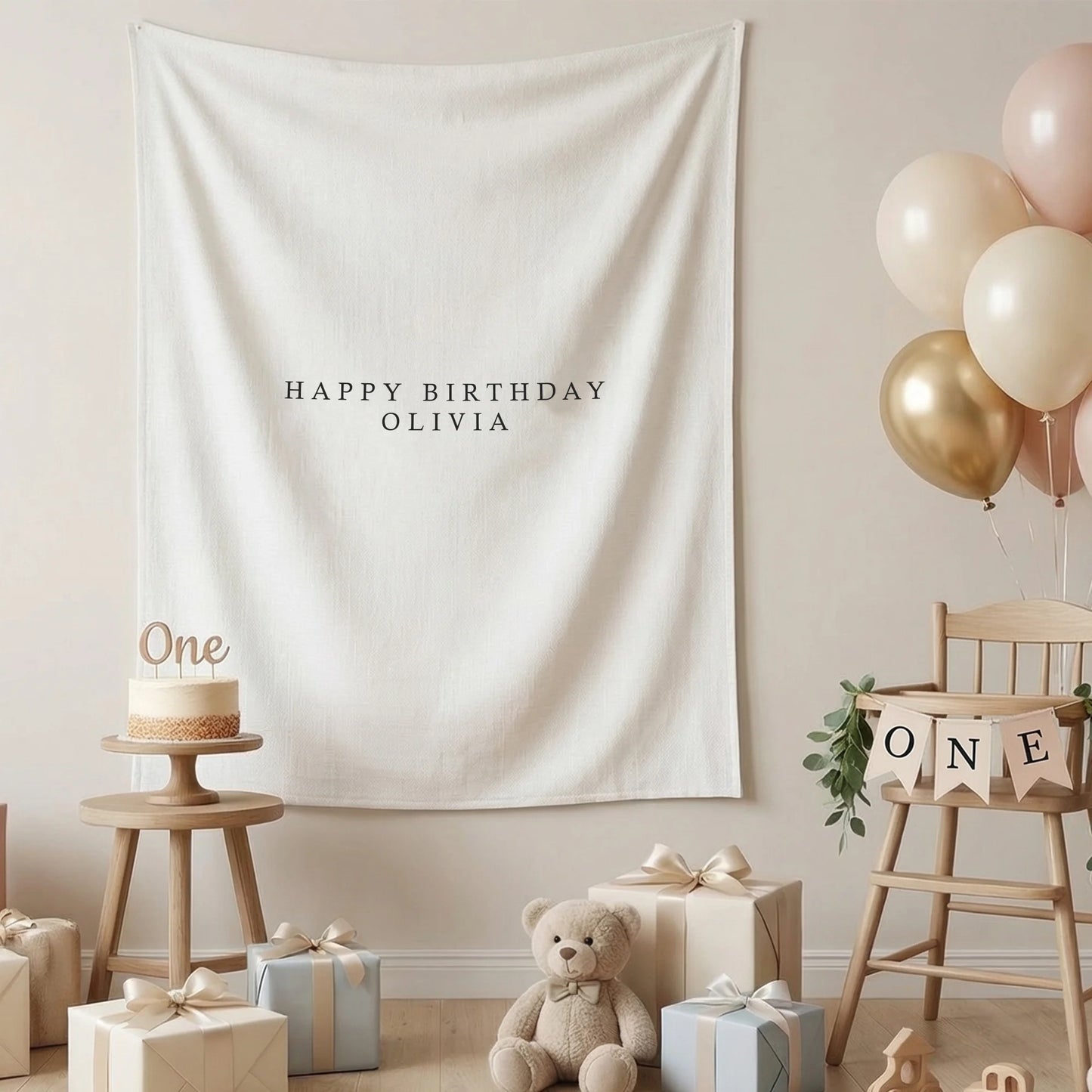First Birthday Tapestry Personalized Custom Name Baby Birthday Backdrop Minimal Linen Party Banner