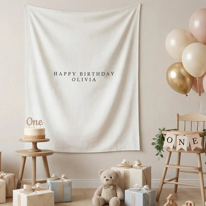 First Birthday Tapestry Personalized Custom Name Baby Birthday Backdrop Minimal Linen Party Banner
