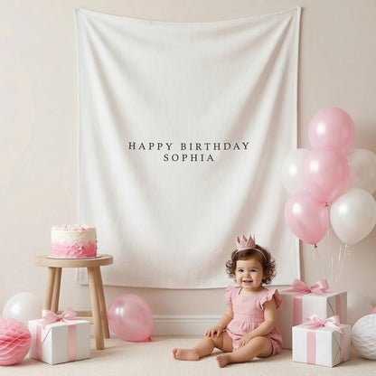First Birthday Tapestry Personalized Custom Name Baby Birthday Backdrop Minimal Linen Party Banner