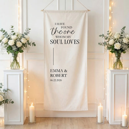 Floral Wedding Banner Personalized Linen Ceremony Banner Custom Name Wedding Backdrop Decor