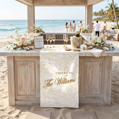 Personalized Wedding Bar Sign Cheers To Family Name, Custom Linen Bar Runner Sign, Elegant Wedding Cocktail Banner, Reception Decor