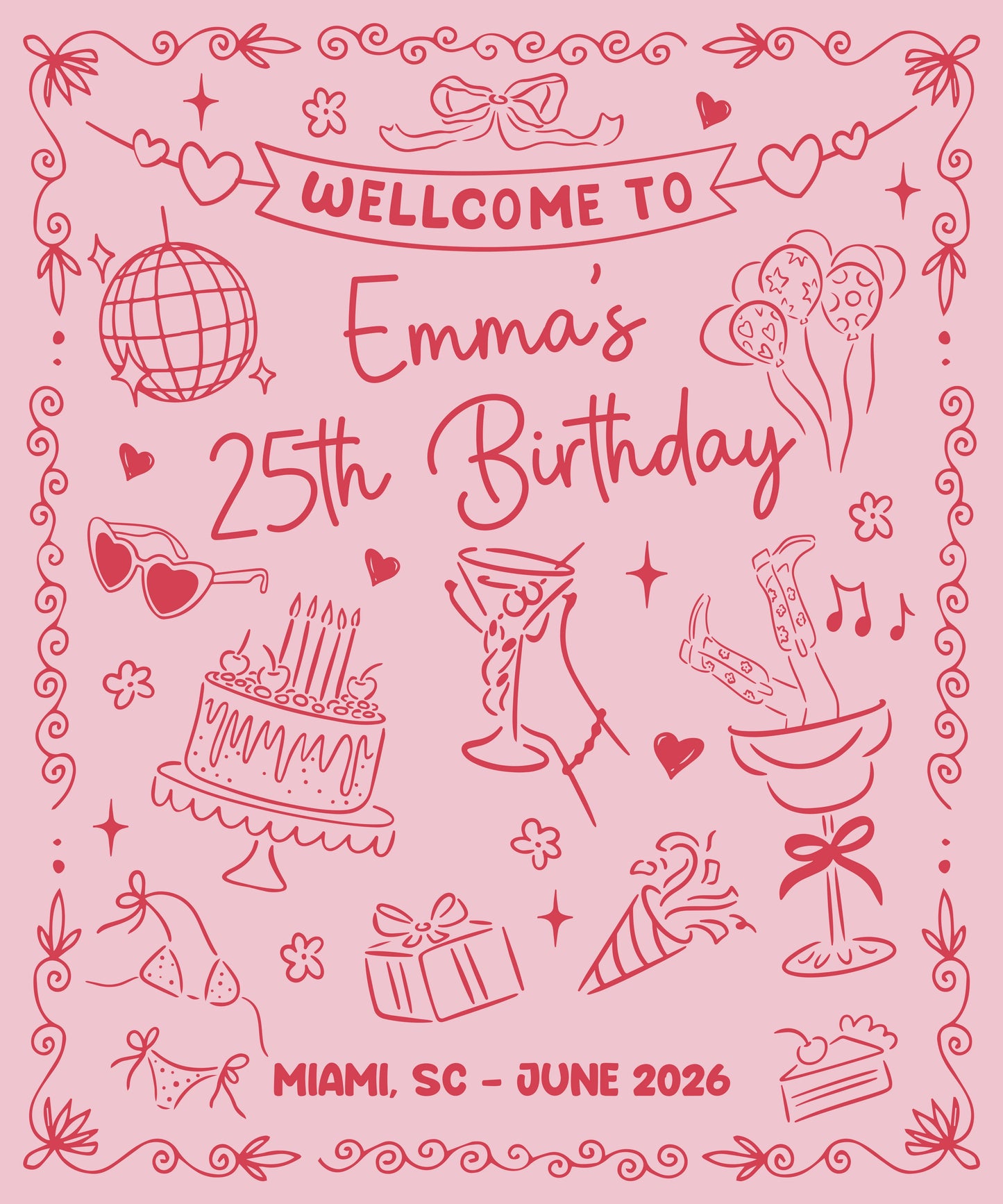 25th Birthday Banner Personalized Birthday Party Backdrop Custom Name Birthday Celebration Banner