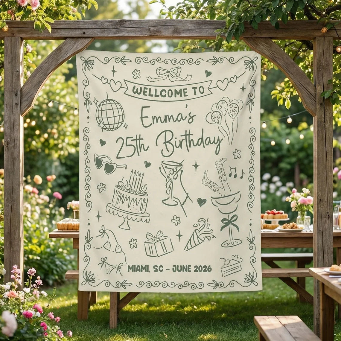 25th Birthday Banner Personalized Birthday Party Backdrop Custom Name Birthday Celebration Banner