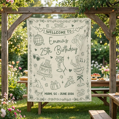 25th Birthday Banner Personalized Birthday Party Backdrop Custom Name Birthday Celebration Banner