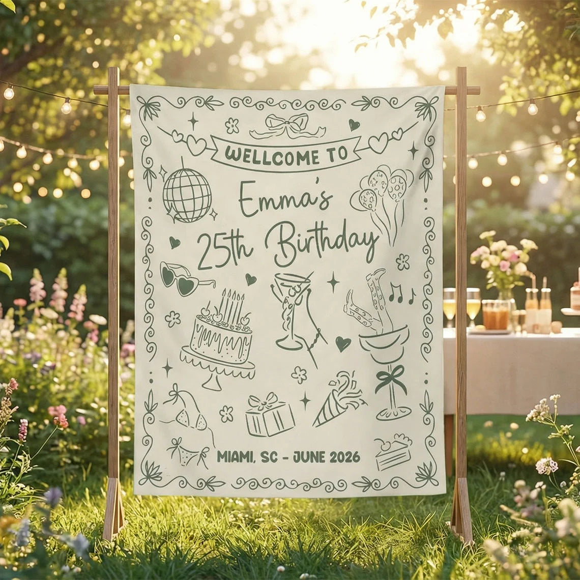25th Birthday Banner Personalized Birthday Party Backdrop Custom Name Birthday Celebration Banner