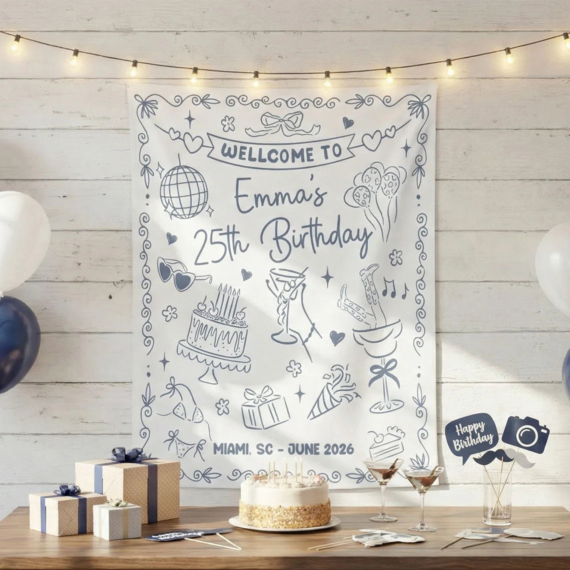 25th Birthday Banner Personalized Birthday Party Backdrop Custom Name Birthday Celebration Banner
