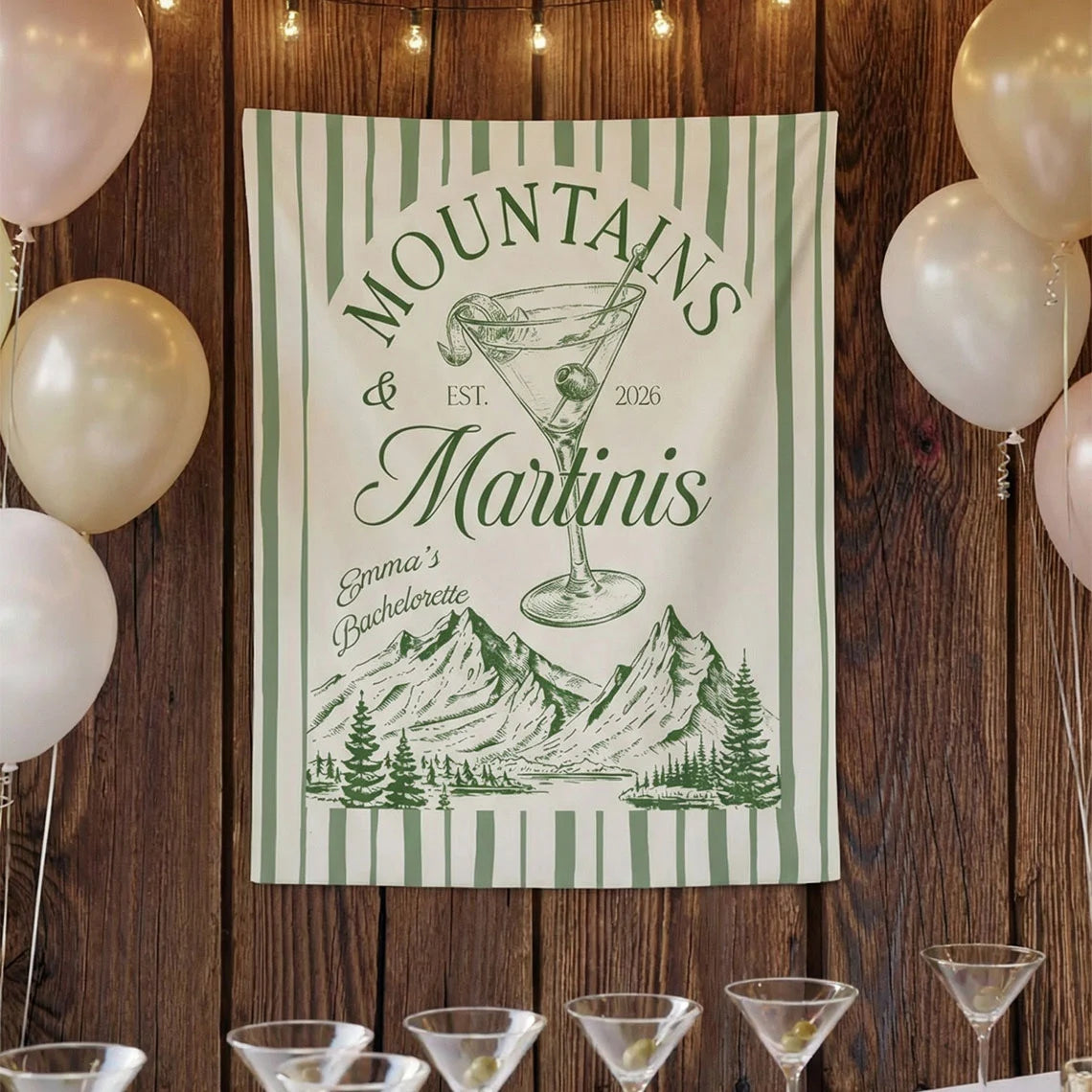 Mountains and Martinis Bachelorette Banner Personalized Mountain Bachelorette Party Backdrop Custom Name Banner