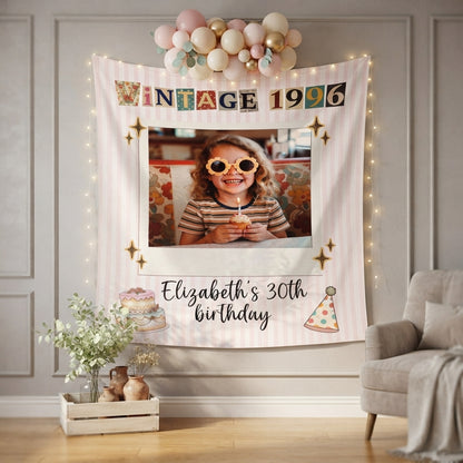 Birthday Photo Banner, Customizable Party Decor, 30th 40th 50th Birthday Tapestry Decorations