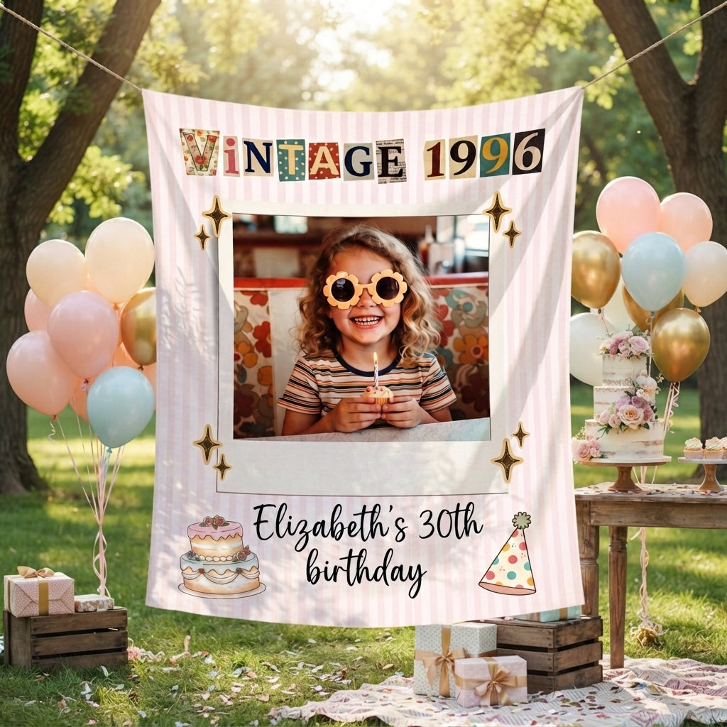 Birthday Photo Banner, Customizable Party Decor, 30th 40th 50th Birthday Tapestry Decorations
