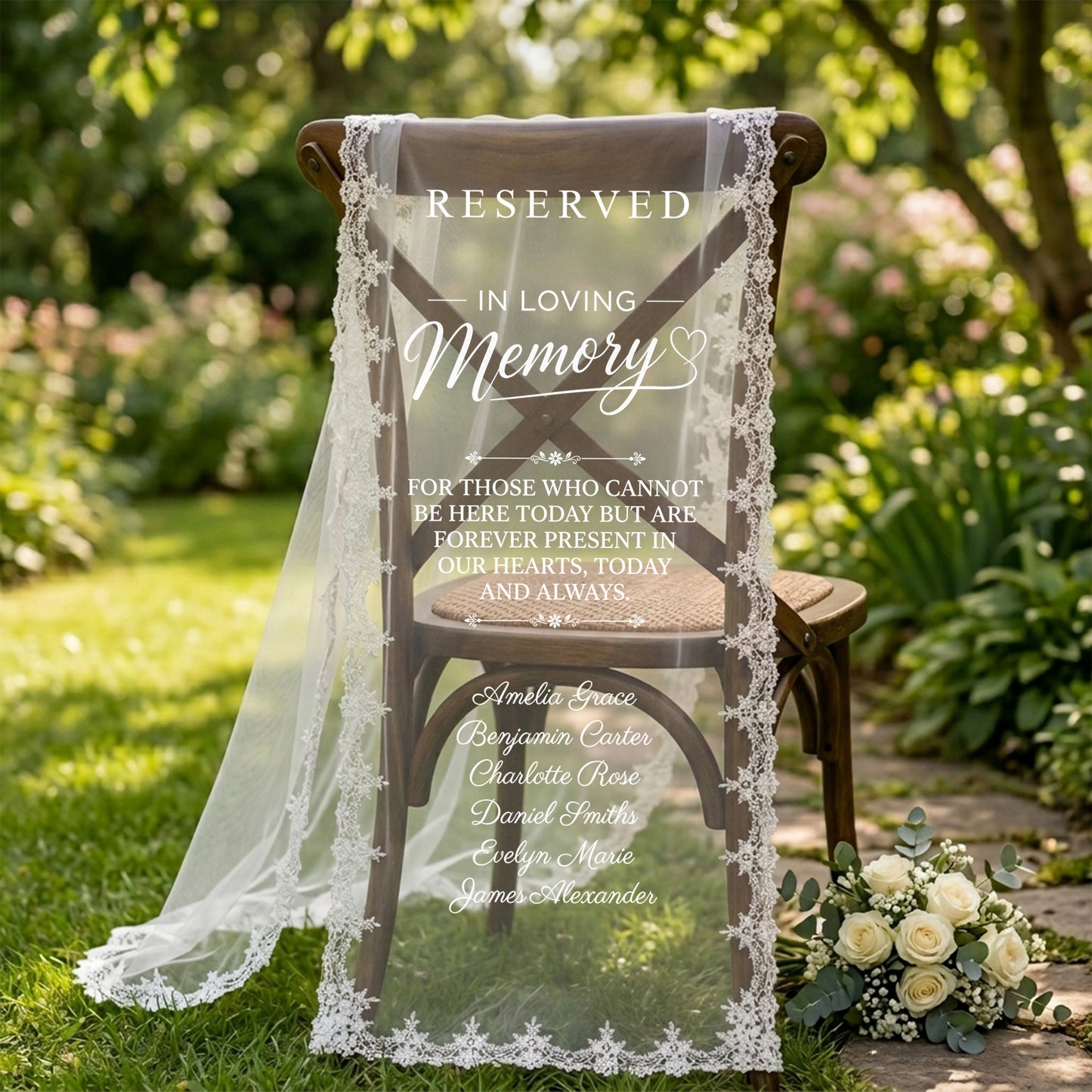 Custom In Loving Memory Wedding Chair Sign, Sheer Lace Reserved Banner, Remembrance Ceremony Decor
