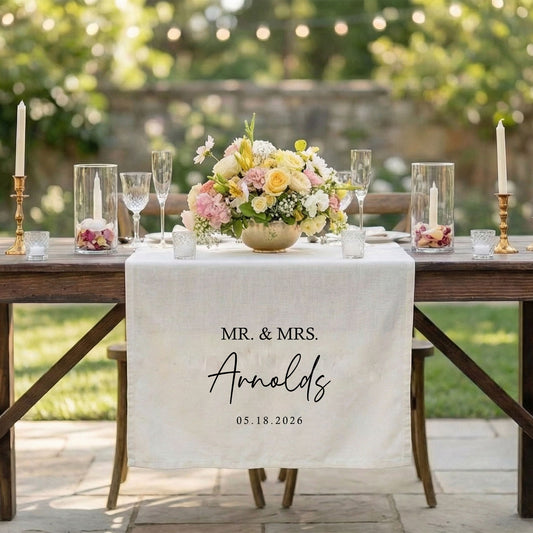 Minimalist Wedding Table Runner Personalized - Mr and Mrs Sweetheart Table