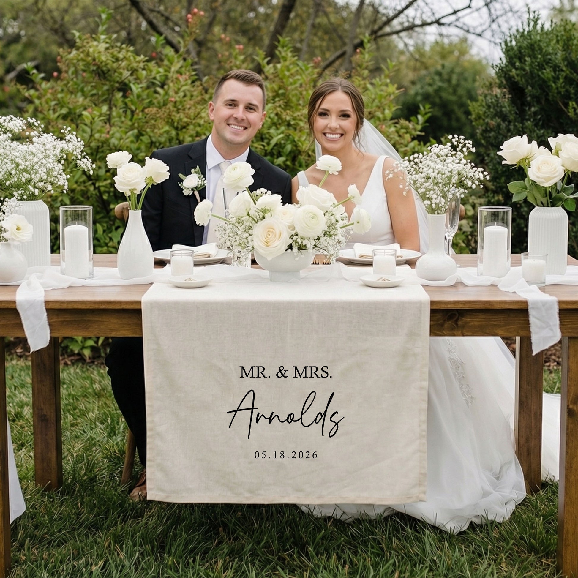 Minimalist Wedding Table Runner Personalized - Mr and Mrs Sweetheart Table