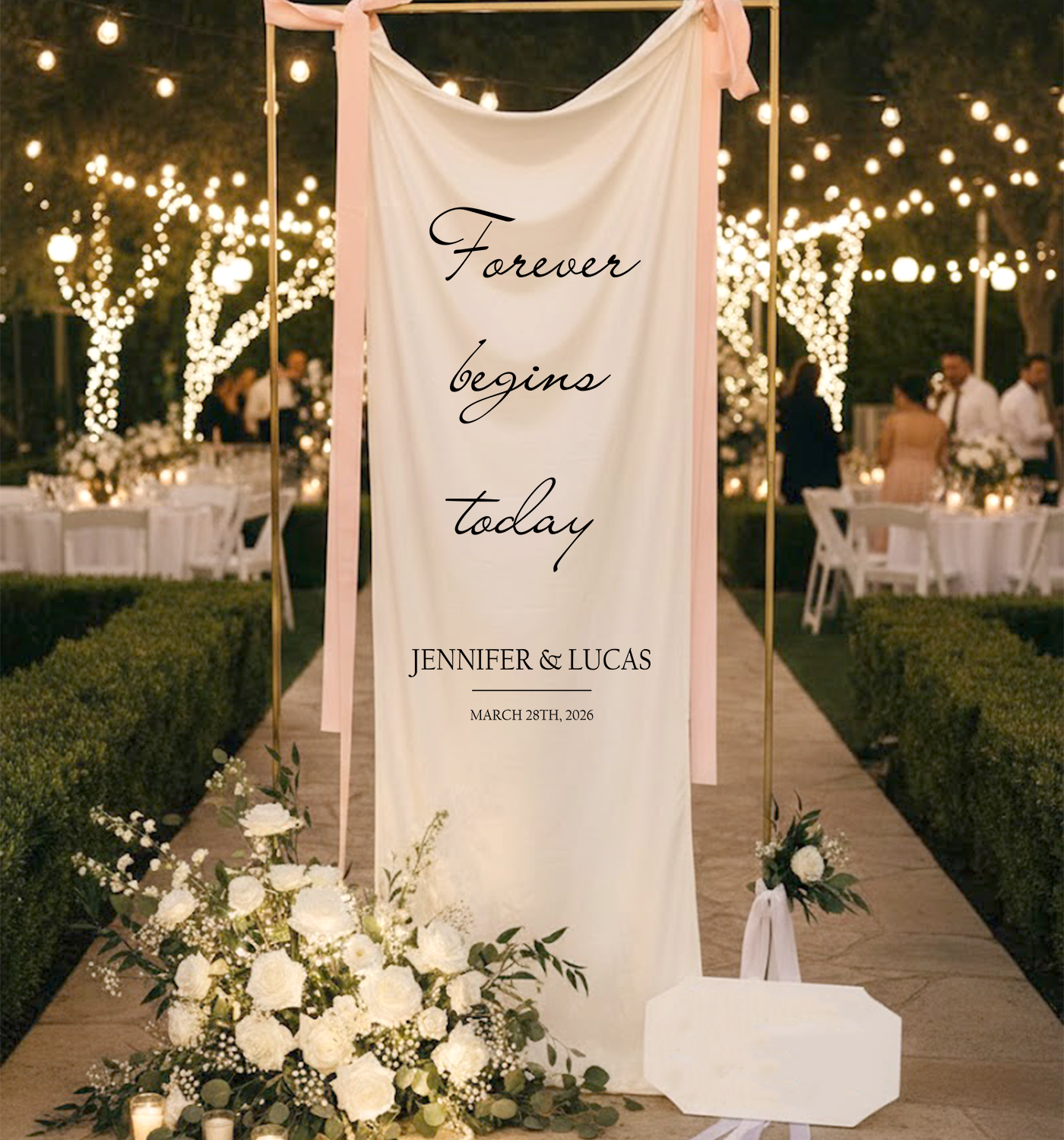 Minimalist Wedding Banner Stand Personalized - Forever Begins Today Ceremony Backdrop