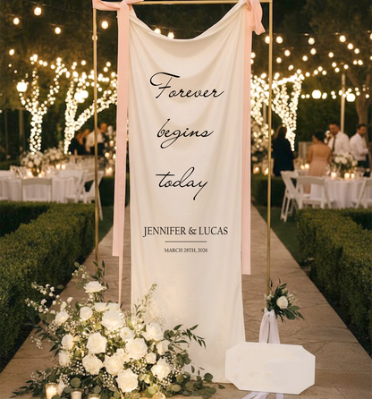 Minimalist Wedding Banner Stand Personalized - Forever Begins Today Ceremony Backdrop