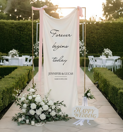Minimalist Wedding Banner Stand Personalized - Forever Begins Today Ceremony Backdrop