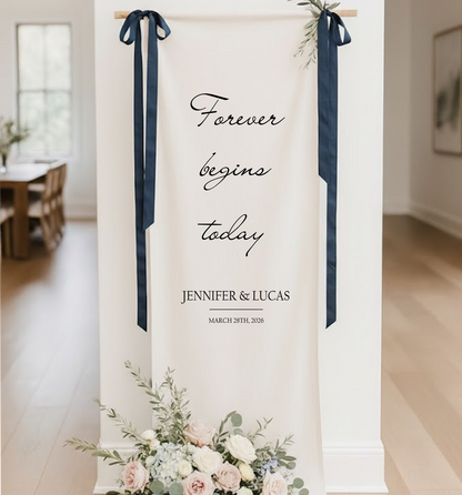 Minimalist Wedding Banner Stand Personalized - Forever Begins Today Ceremony Backdrop