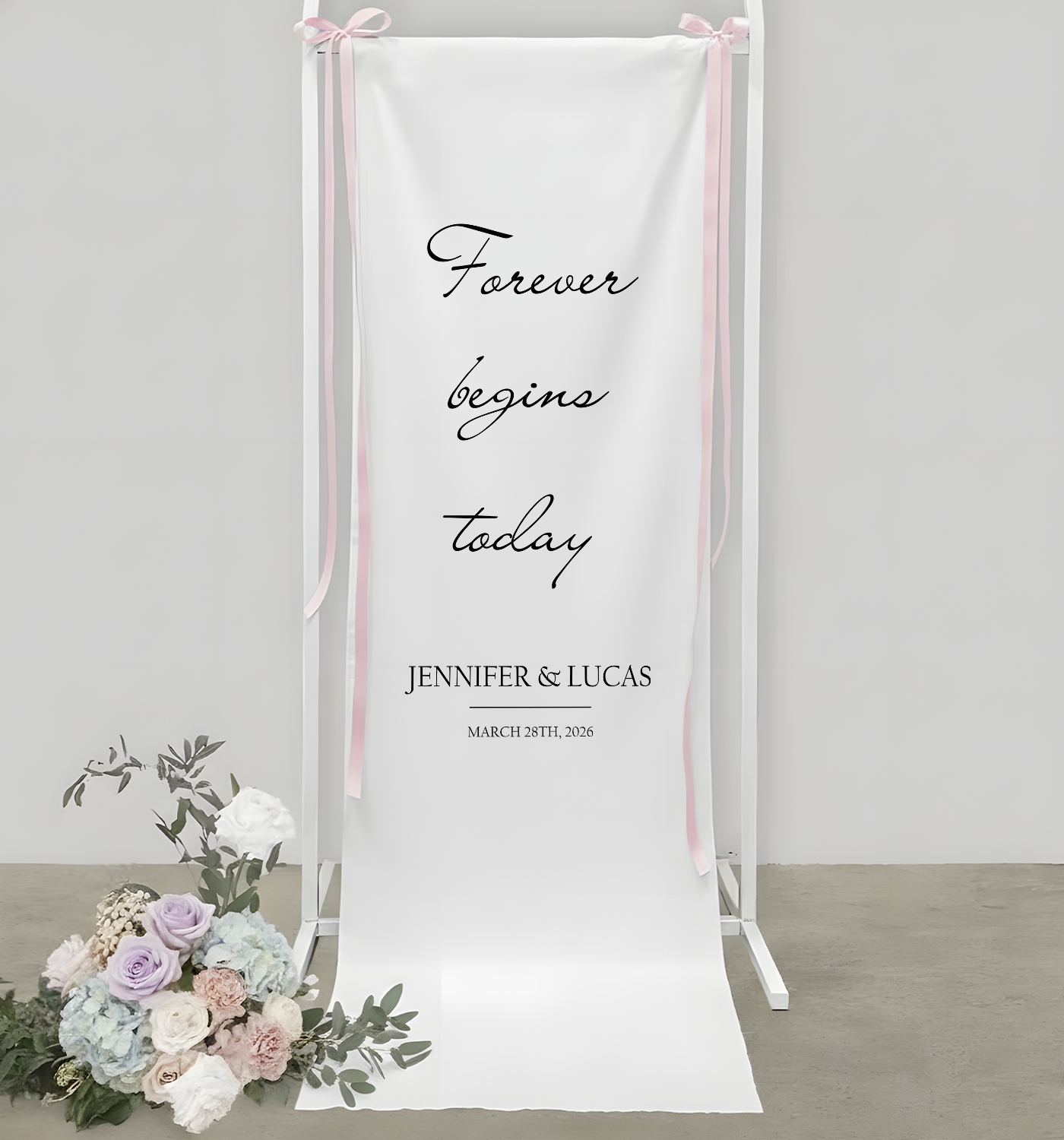 Minimalist Wedding Banner Stand Personalized - Forever Begins Today Ceremony Backdrop