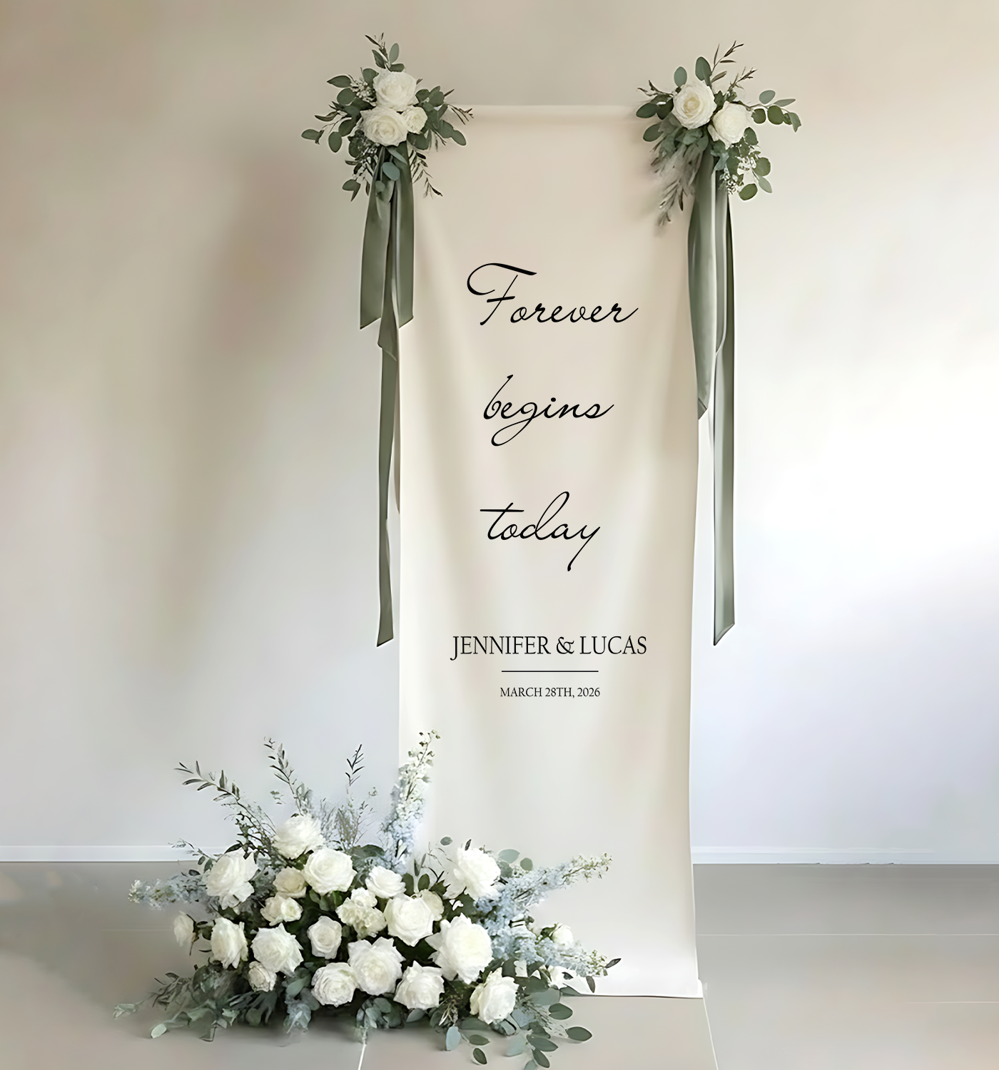 Minimalist Wedding Banner Stand Personalized - Forever Begins Today Ceremony Backdrop