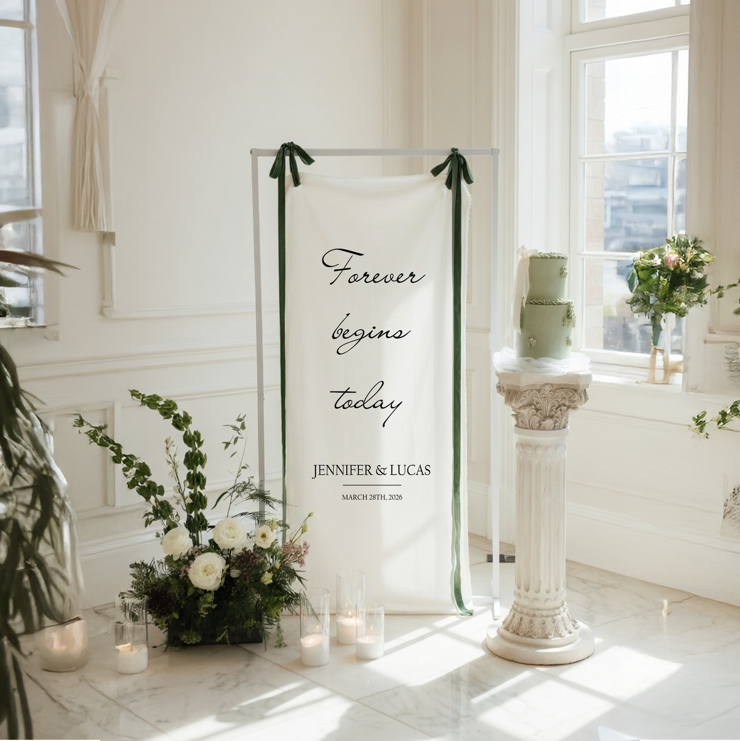 Minimalist Wedding Banner Stand Personalized - Forever Begins Today Ceremony Backdrop