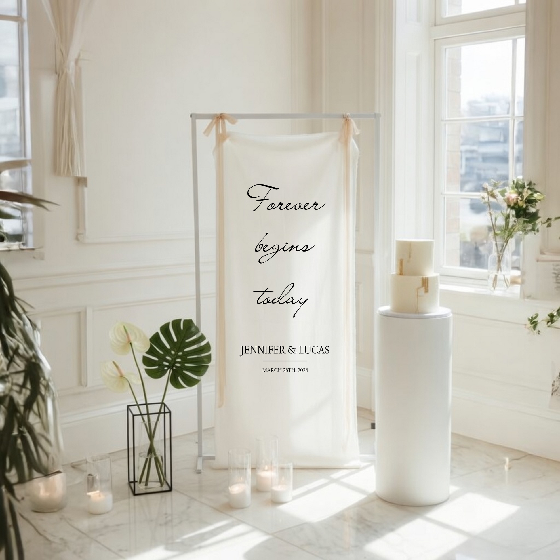 Minimalist Wedding Banner Stand Personalized - Forever Begins Today Ceremony Backdrop