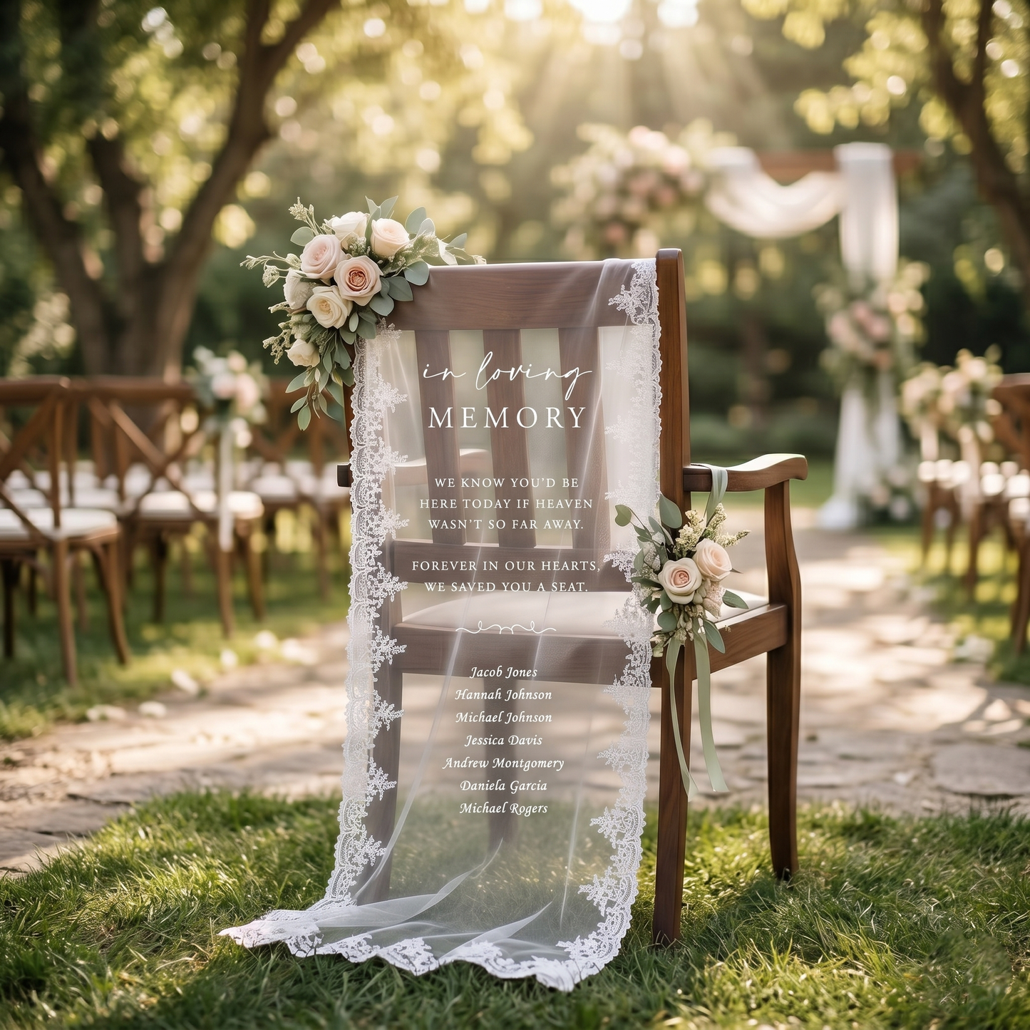 Custom In Loving Memory Wedding Chair Sign, Sheer Lace Reserved Banner