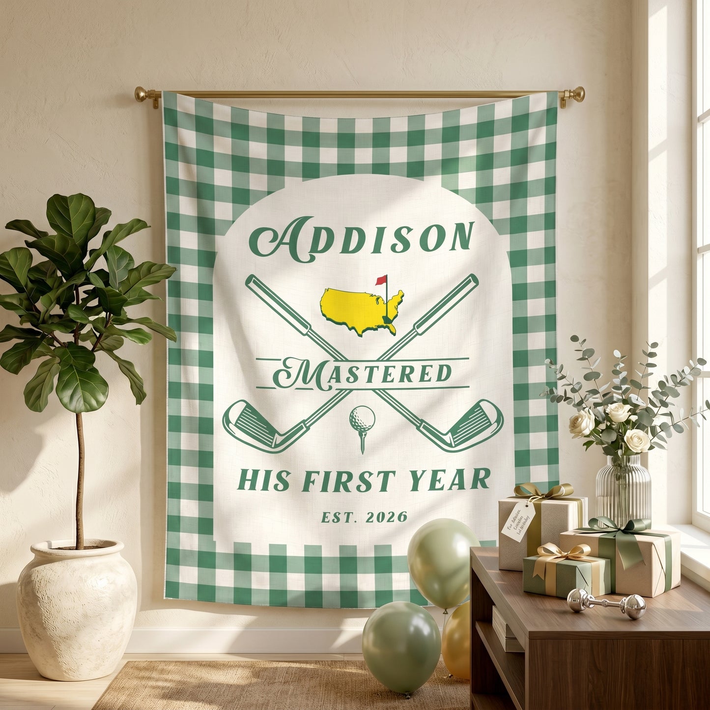 Personalized 1st Birthday Backdrop, Mastered First Year Banner, Hole In One Sign, Golf Themed Party Decorations
