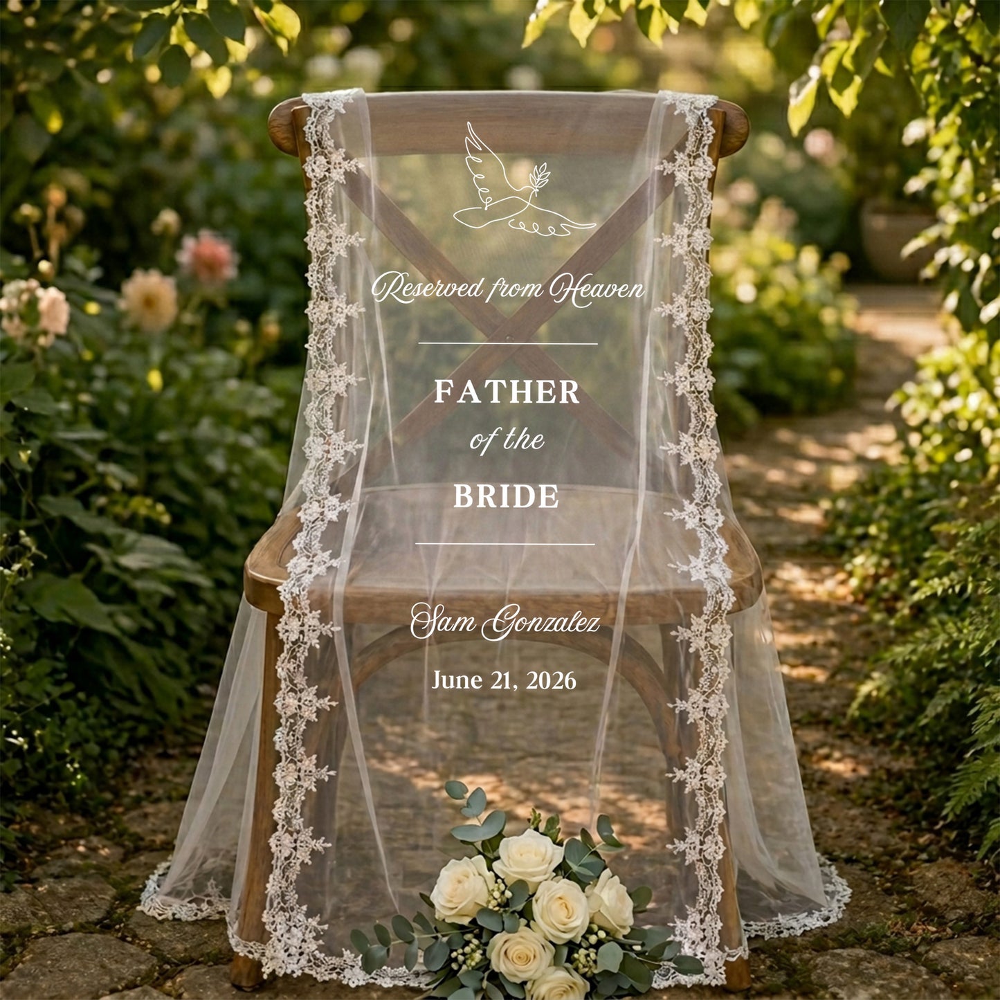 Custom In Loving Memory Wedding Chair Sign, Sheer Lace Reserved Banner, Sympathy Gift
