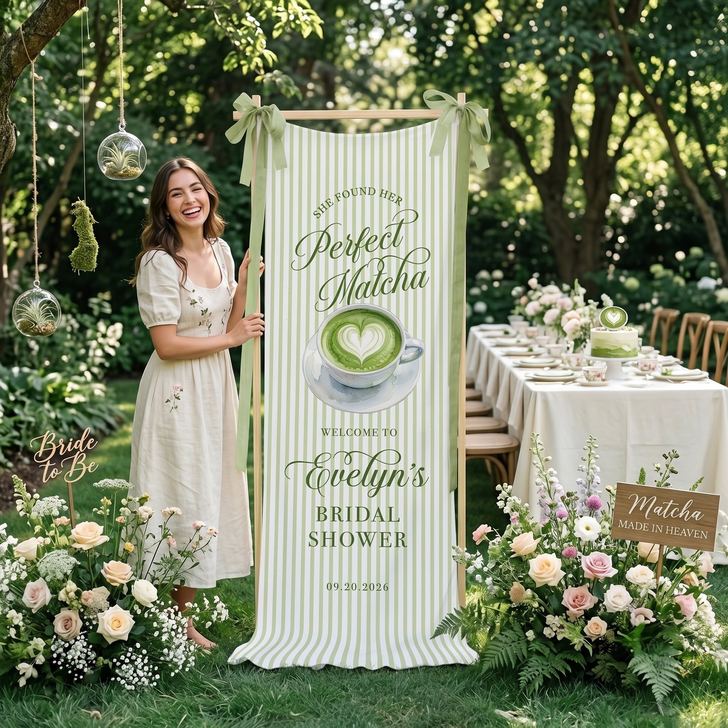 Bridal Shower Banner, Bridal Shower Welcome Sign, Matcha Party Backdrop, Custom Bride To Be Decor