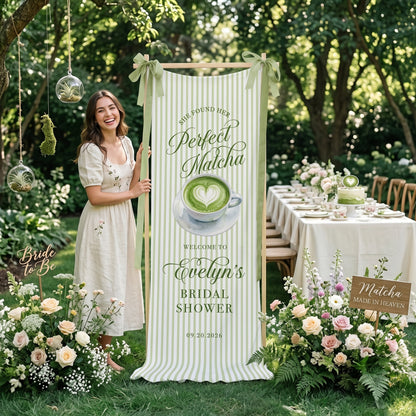 Bridal Shower Banner, Bridal Shower Welcome Sign, Matcha Party Backdrop, Custom Bride To Be Decor