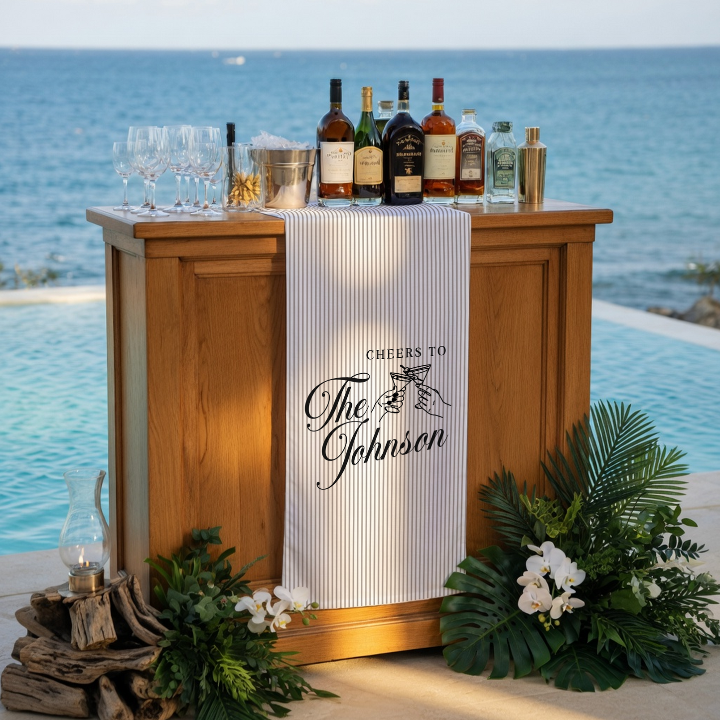 Personalized Wedding Table Runner Cocktail Bar Decor Custom Name Linen Stripe Cheers Sign Wedding Reception Decor