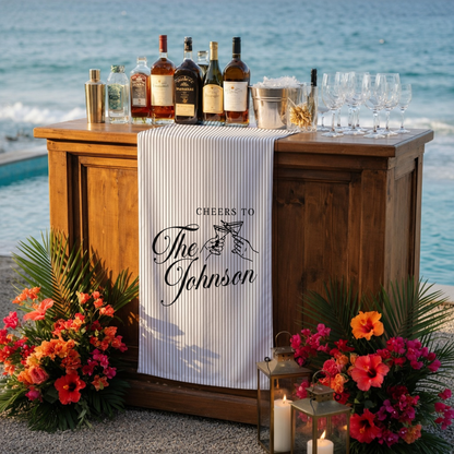 Personalized Wedding Table Runner Cocktail Bar Decor Custom Name Linen Stripe Cheers Sign Wedding Reception Decor