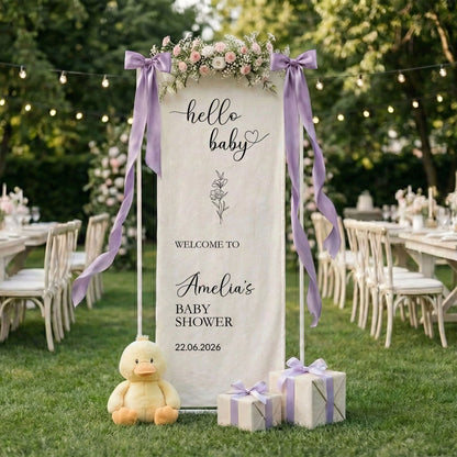 Hello Baby Baby Shower Banner Stand Personalized Baby Shower Welcome Sign Custom Name Linen Decor