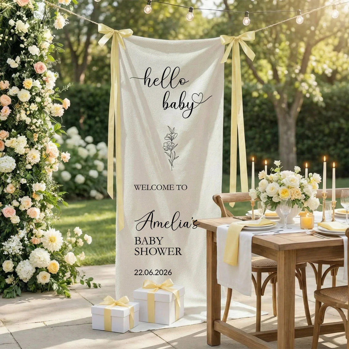 Hello Baby Baby Shower Banner Stand Personalized Baby Shower Welcome Sign Custom Name Linen Decor