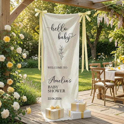 Hello Baby Baby Shower Banner Stand Personalized Baby Shower Welcome Sign Custom Name Linen Decor
