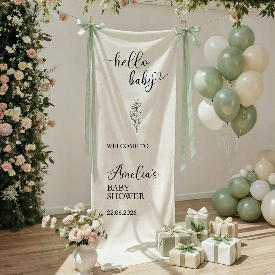 Hello Baby Baby Shower Banner Stand Personalized Baby Shower Welcome Sign Custom Name Linen Decor