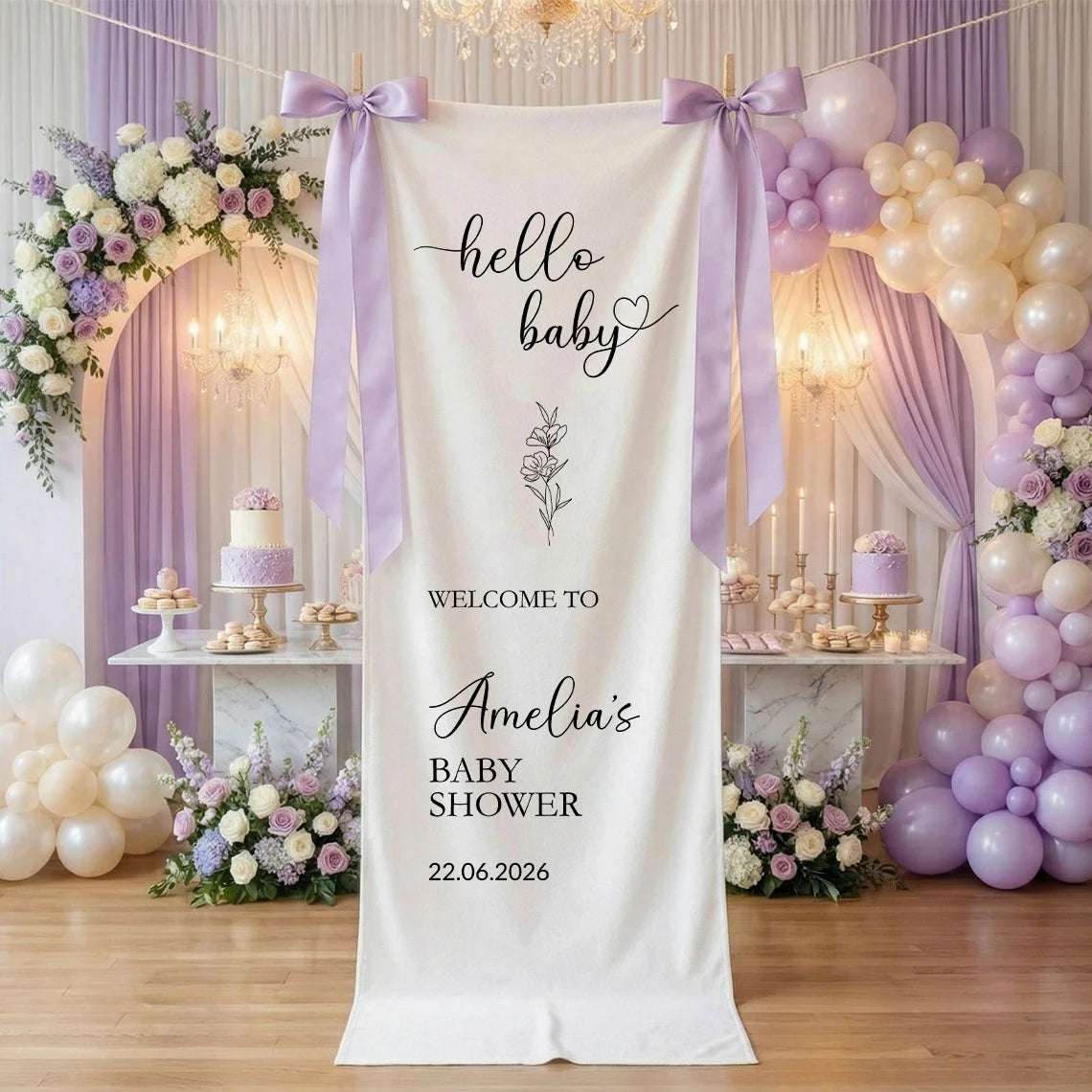 Hello Baby Baby Shower Banner Stand Personalized Baby Shower Welcome Sign Custom Name Linen Decor