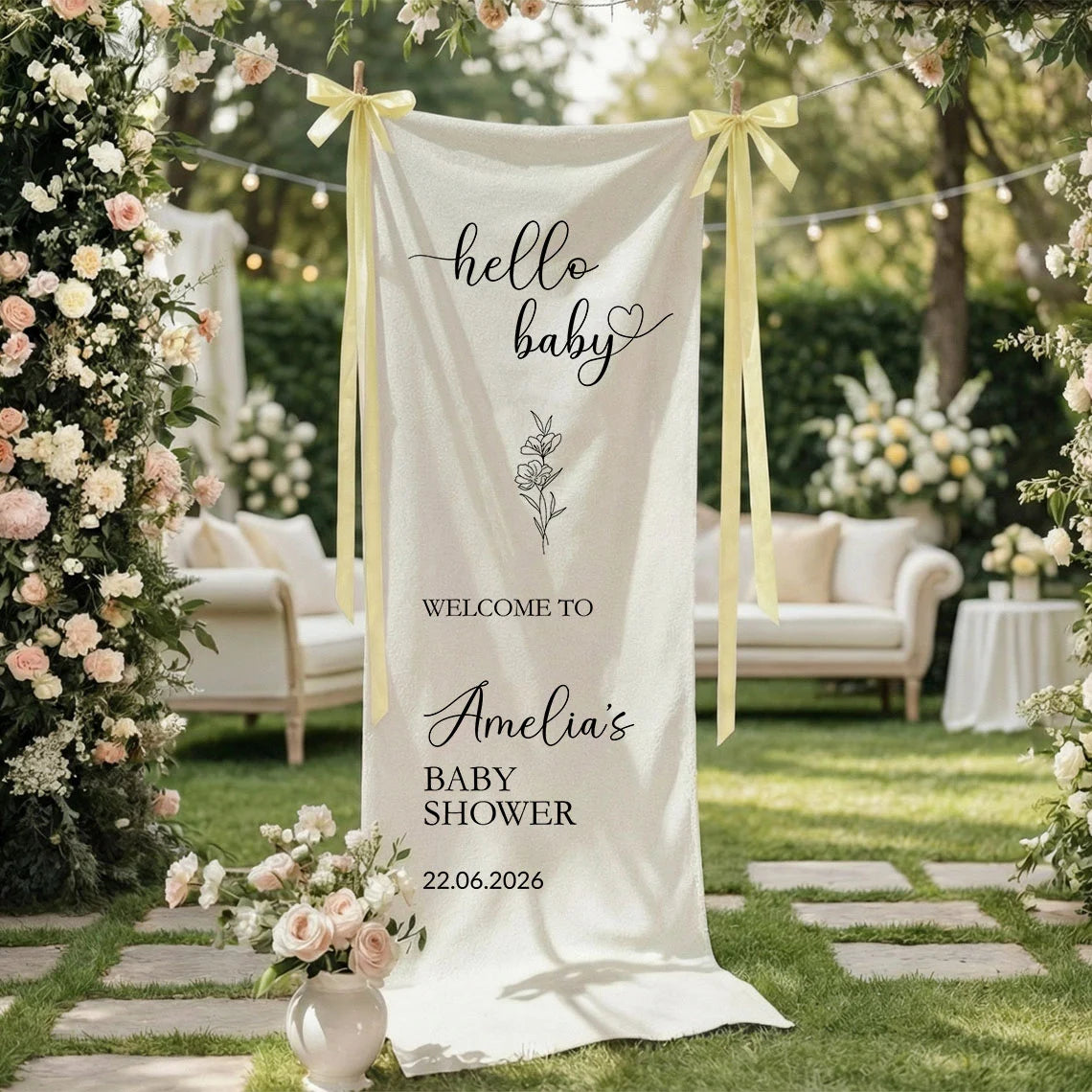 Hello Baby Baby Shower Banner Stand Personalized Baby Shower Welcome Sign Custom Name Linen Decor