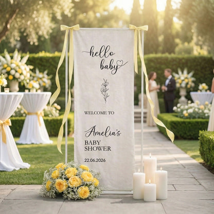 Hello Baby Baby Shower Banner Stand Personalized Baby Shower Welcome Sign Custom Name Linen Decor