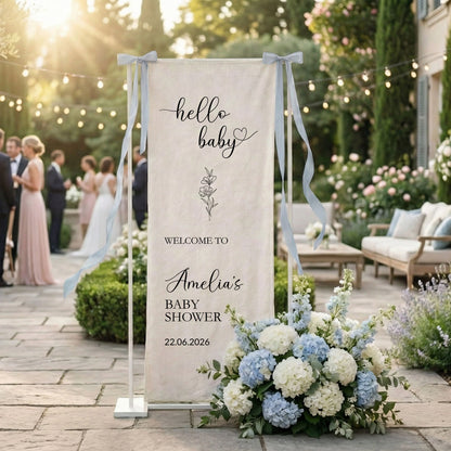 Hello Baby Baby Shower Banner Stand Personalized Baby Shower Welcome Sign Custom Name Linen Decor