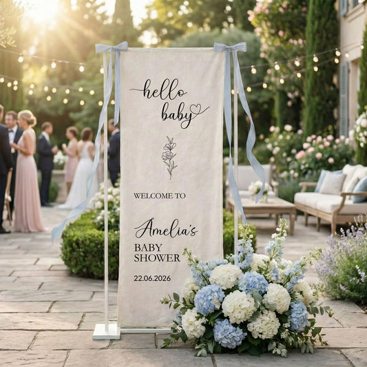 Hello Baby Baby Shower Banner Stand Personalized Baby Shower Welcome Sign Custom Name Linen Decor