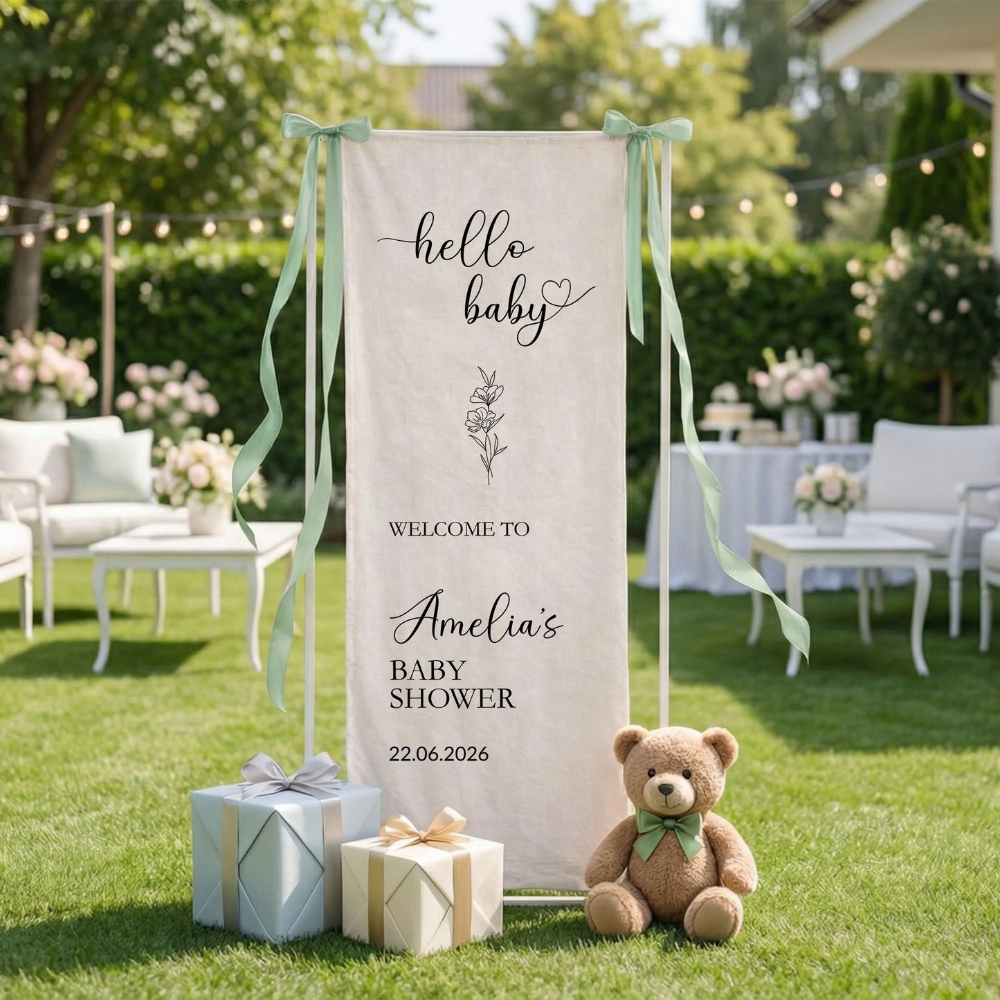 Hello Baby Baby Shower Banner Stand Personalized Baby Shower Welcome Sign Custom Name Linen Decor