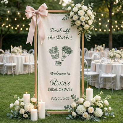Farmers Market Bridal Shower Banner Stand Personalized Bridal Shower Welcome Sign Custom Name Linen Decor