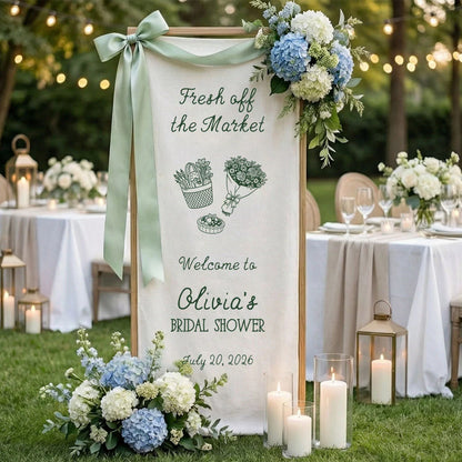 Farmers Market Bridal Shower Banner Stand Personalized Bridal Shower Welcome Sign Custom Name Linen Decor