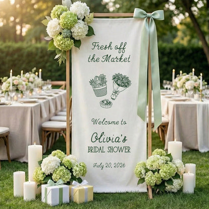 Farmers Market Bridal Shower Banner Stand Personalized Bridal Shower Welcome Sign Custom Name Linen Decor