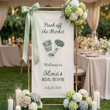 Farmers Market Bridal Shower Banner Stand Personalized Bridal Shower Welcome Sign Custom Name Linen Decor