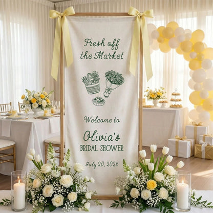 Farmers Market Bridal Shower Banner Stand Personalized Bridal Shower Welcome Sign Custom Name Linen Decor